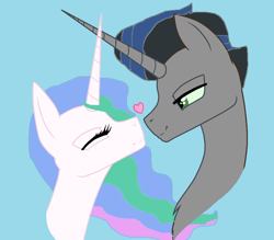 Size: 1000x876 | Tagged: safe, artist:snoopy7c7, derpibooru import, idw, king sombra, princess celestia, alicorn, pony, unicorn, blue background, celestibra, eye contact, eyes closed, female, good king sombra, heart, lidded eyes, looking at each other, male, shipping, simple background, straight