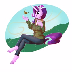 Size: 2500x2500 | Tagged: safe, artist:roseanon4, derpibooru import, starlight glimmer, anthro, unguligrade anthro, unicorn, clothes, coffee, female, jacket, leaf, mare, simple background, sitting, solo, white background