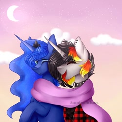 Size: 894x894 | Tagged: safe, artist:sombralicious, derpibooru import, princess luna, oc, oc:moonshine, alicorn, pony, unicorn, canon x oc, choker, clothes, cloud, crown, dusk, flannel, flannel shirt, happy, jewelry, laughing, moon, piercing, regalia, scarf, shirt, smiling, stars, wholesome