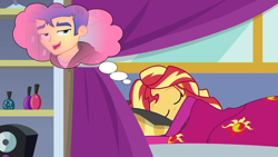 Size: 1280x720 | Tagged: safe, artist:3d4d, derpibooru import, edit, edited screencap, screencap, flash sentry, sunset shimmer, best trends forever, better together, equestria girls, wake up!, dream, female, flashimmer, male, shipping, sleeping, straight, thought bubble