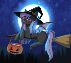 Size: 4000x3500 | Tagged: safe, artist:asyaredfox, derpibooru import, oc, oc only, oc:stellar wind, bat pony, pony, bat pony oc, bat wings, broom, female, flying, flying broomstick, forest, hat, moon, night, pumpkin, solo, wings, witch costume, witch hat