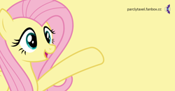 Size: 1200x630 | Tagged: safe, artist:parclytaxel, derpibooru import, fluttershy, pegasus, pony, female, mare, raised hoof, simple background, smiling, solo, wip, yellow background