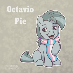 Size: 1400x1400 | Tagged: safe, artist:haretrinity, derpibooru import, marble pie, octavio pie, earth pony, pony, my little pony: pony life, clothes, headcanon, male, open mouth, pride, pride flag, raised hoof, scarf, solo, stallion, trans boy, transgender, transgender pride flag