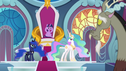 Size: 1920x1080 | Tagged: safe, derpibooru import, screencap, discord, princess celestia, princess luna, twilight sparkle, twilight sparkle (alicorn), alicorn, pony, the ending of the end, throne, throne room