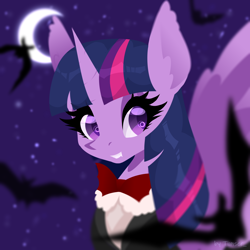 Size: 3000x3000 | Tagged: safe, artist:timser_, artist:timserart, artist:timserr, derpibooru import, twilight sparkle, twilight sparkle (alicorn), alicorn, pony, bats!, bowtie, looking at you, moon, night, solo, stars