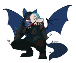 Size: 1311x1083 | Tagged: safe, artist:redxbacon, derpibooru import, oc, oc:nyn indigo, bat pony, original species, timber pony, timber wolf, blood, commission, dead by daylight, knife, licking knife, mask, species swap, the legion