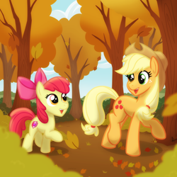 Size: 2048x2048 | Tagged: safe, artist:whitequartztheartist, derpibooru import, apple bloom, applejack, earth pony, pony, autumn, forest, leaves, tree