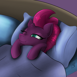 Size: 2480x2480 | Tagged: safe, artist:naen, derpibooru import, fizzlepop berrytwist, tempest shadow, pony, unicorn, bedsheets, comfy, cute, female, mare, one eye closed, pillow, sleepy, solo, tempestbetes