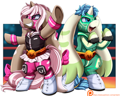 Size: 3215x2540 | Tagged: safe, artist:pridark, derpibooru import, oc, oc only, pony, bipedal, clothes, costume, crossover, digimon, duo, high res, lopmon, luchador, open mouth, patreon, patreon reward, sports, taunting, terriermon, underhoof, wrestling