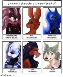 Size: 842x1024 | Tagged: safe, artist:terorain, derpibooru import, princess luna, alicorn, anthro, big cat, dog, jackal, lion, pony, rabbit, robot, wolf, animal, anthro with ponies, bust, clothes, crossover, female, fiver, infinite (character), legosi (beastars), male, mare, peytral, scar (the lion king), six fanarts, smiling, sonic the hedgehog (series), tokyo jungle, watership down