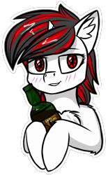 Size: 850x1373 | Tagged: safe, artist:colourwave, derpibooru import, oc, oc:blackjack, pony, unicorn, fallout equestria, fallout equestria: project horizons, alcohol, blushing, chest fluff, compact horn, cute, cyber eyes, ear fluff, fanfic, fanfic art, female, horn, its not small its compact!, mare, non canon, simple background, simple shading, solo, sticker, transparent background, whiskey