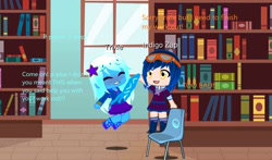 Size: 1280x754 | Tagged: safe, artist:rubyfan1234, derpibooru import, indigo zap, trixie, equestria girls, bookshelf, chair, chibi