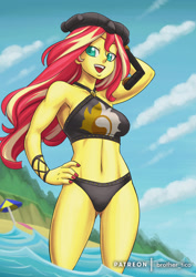 Size: 1116x1579 | Tagged: safe, artist:brother-tico, derpibooru import, sunset shimmer, better together, equestria girls, forgotten friendship, arm behind head, belly button, breasts, clothes, nail polish, open mouth, palindrome get, snorkel, sunglasses, sunset jiggler, swimsuit