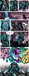 Size: 1500x3900 | Tagged: safe, artist:nancy-05, derpibooru import, adagio dazzle, aria blaze, queen umbra, sonata dusk, oc, oc:empress sacer malum, oc:melicus ostium, changeling, changeling queen, pony, siren, skeleton pony, undead, unicorn, comic:fusing the fusions, comic:time of the fusions, armor, bone, bowing, comic, commissioner:bigonionbean, confused, crying, curved horn, female, fusion, fusion:empress sacer malum, fusion:melicus ostium, horn, imprisoned, jewelry, laughing, magic, not an alicorn, reflection, regalia, rule 63, skeleton, tartarus, tears of laughter, thought bubble, water fountain, writer:bigonionbean