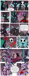 Size: 1500x3900 | Tagged: safe, artist:nancy-05, derpibooru import, queen umbra, oc, oc:empress sacer malum, oc:melicus ostium, changeling, changeling queen, pony, siren, skeleton pony, undead, unicorn, comic:fusing the fusions, comic:time of the fusions, absorption, armor, bone, comic, commissioner:bigonionbean, confused, corpse, curved horn, dead, deflation, draining, female, fusion, fusion:empress sacer malum, fusion:melicus ostium, horn, jewelry, magic, not an alicorn, possessed, possession, regalia, rule 63, skeleton, squishy cheeks, talking to herself, tartarus, water fountain, writer:bigonionbean