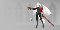 Size: 8000x4000 | Tagged: artist needed, safe, derpibooru import, oc, oc:albi light wing, anthro, bat pony, pony, abstract background, albino, aquila, armor, bat pony oc, bat wings, blood, bolter, chainsword, clothes, crossover, female, gun, imperium, inquisition, inquisitor, looking at you, mare, melee weapon, nightpony, pink eyes, ponified, ponyhammer, servo skull, simple background, skull, solo, solo female, sword, uniform, warhammer (game), warhammer 40k, weapon, white fur, wings