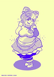 Size: 1920x2691 | Tagged: safe, artist:masterpepper, derpibooru import, supernova zap, better together, equestria girls, adorafatty, bbw, belly, belly button, big belly, bow, butt, clothes, cute, double chin, fat, female, heart, high heels, huge butt, kneesocks, large butt, long eyelashes, long sleeve shirt, long sleeves, midriff, monochrome, obese, one eye closed, raffle prize, shirt, shoes, skirt, smiling, socks, solo, su-z-betes, wide hips, wink, yellow