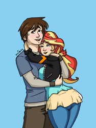 Size: 1544x2056 | Tagged: safe, artist:ameliacostanza, derpibooru import, sunset shimmer, human, blue background, crossover, hug, humanized, peter parker, simple background