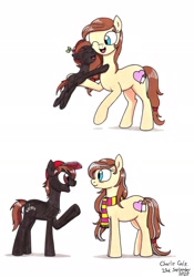 Size: 1920x2736 | Tagged: safe, artist:killerteddybear94, derpibooru import, button mash, oc, oc:cream heart, earth pony, pony, clothes, colt, cute, duo, eye contact, female, hat, hug, looking at each other, male, mare, mother and child, mother and son, older, older button mash, open mouth, parent and child, scarf, simple background, smiling, stallion, traditional art, white background