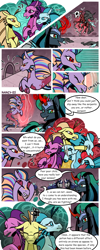 Size: 1500x3736 | Tagged: safe, artist:nancy-05, derpibooru import, adagio dazzle, aria blaze, queen umbra, sonata dusk, oc, oc:empress sacer malum, oc:melicus ostium, changeling, changeling queen, hybrid, pony, siren, skeleton pony, undead, unicorn, comic:fusing the fusions, comic:time of the fusions, absorption, armor, barrier, blushing, bone, bowing, changeling guard, comic, commissioner:bigonionbean, confused, corpse, curved horn, draining, female, fusion, fusion:empress sacer malum, fusion:melicus ostium, headache, horn, jewelry, magic, merge, merging, not an alicorn, regalia, revived, rule 63, skeleton, tartarus, thought bubble, water fountain, writer:bigonionbean