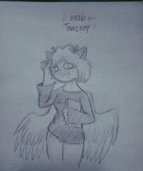 Size: 1280x1534 | Tagged: safe, artist:li1beasty, derpibooru import, oc, oc only, anthro, pegasus, book, clothes, female, grayscale, monochrome, pegasus oc, smiling, traditional art, wings