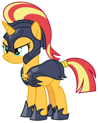 Size: 1024x1268 | Tagged: safe, artist:emeraldblast63, derpibooru import, sunset shimmer, pony, unicorn, armor, clothes, evil smirk, royal guard, shoes, show accurate, simple background, tail wrap, transparent background