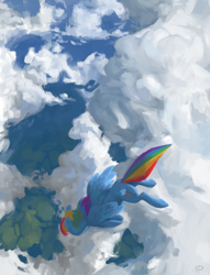 Size: 2000x2618 | Tagged: safe, artist:redruin01, derpibooru import, rainbow dash, pegasus, pony, cloud, female, flying, lineless, mare, painting, scenery, sky, solo