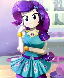 Size: 1784x2163 | Tagged: safe, artist:the-butch-x, derpibooru import, rarity, equestria girls, arms, beautiful, blue eyes, blushing, bracelet, breasts, bust, clothes, cute, dress, eyelashes, fashionista, female, fingers, fist, grin, hairpin, hand, happy, jewelry, long hair, looking at you, makeup, open mouth, pencil skirt, purple hair, raribetes, rarity peplum dress, rework, shoes, sleeveless, smiling, solo, standing, teenager, teeth, white skin