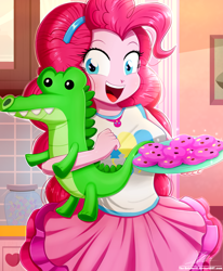 Size: 1784x2163 | Tagged: safe, artist:the-butch-x, derpibooru import, gummy, pinkie pie, alligator, better together, equestria girls, arms, beautiful, blue eyes, breasts, bust, candy, clothes, cookie, cute, diapinkes, dress, eyelashes, female, fingers, food, geode of sugar bombs, hand, happy, headband, heart, holding, jar, kitchen, long hair, looking at you, magical geodes, male, open mouth, open smile, pink hair, pink skin, plate, plushie, rah rah skirt, remake, skirt, sleeveless, smiling, smiling at you, solo, standing, tanktop, teenager, teeth, tongue, tray