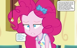 Size: 1047x655 | Tagged: safe, derpibooru import, edit, edited screencap, editor:thomasfan45, screencap, pinkie pie, human, best trends forever, best trends forever: pinkie pie, better together, equestria girls, bare shoulders, blank expression, bow, canterlot high, clothes, cute, cutie mark on clothes, description is relevant, female, geode of sugar bombs, guidance counselor, hair bow, hypnosis, hypnotized, implied maud pie, lidded eyes, magical geodes, mind control, office, offscreen character, pendulum swing, personality change, pocket watch, relaxed, solo, speech bubble, story included, tanktop, tired