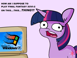 Size: 1280x968 | Tagged: safe, artist:tjpones, derpibooru import, edit, twilight sparkle, unicorn twilight, pony, unicorn, computer, faic, female, mare, meme, microsoft, open mouth, simple background, solo, twilight's computer, windows, windows 95