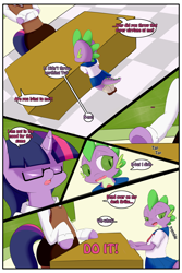 Size: 2000x3000 | Tagged: safe, artist:saurian, spike, twilight sparkle, dragon, pony, comic:punishment, alternate hairstyle, angry, bipedal, blatant lies, classroom, clothes, comic, crossdressing, desk, dialogue, girly, glasses, imminent spanking, school uniform, unamused