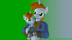 Size: 1920x1080 | Tagged: safe, artist:marianokun, oc, oc:littlepip, anthro, pony, unicorn, fallout equestria, 3d, anthro oc, anthro ponidox, anthro with ponies, clothes, gray background, green background, looking at each other, pipbuck, simple background, source filmmaker, vault suit