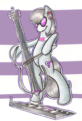 Size: 842x1236 | Tagged: safe, artist:braeburned, derpibooru import, octavia melody, earth pony, pony, bipedal, bow (instrument), cello, deleted from derpibooru, electric cello, female, headphones, mare, musical instrument, playing instrument, solo