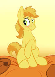 Size: 1899x2666 | Tagged: safe, artist:braeburned, derpibooru import, braeburn, bed, blushing, cute, deleted from derpibooru