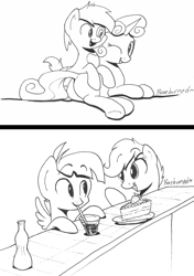 Size: 1300x1844 | Tagged: safe, artist:braeburned, derpibooru import, featherweight, pipsqueak, scootaloo, sweetie belle, bottle, cake, cuddling, cute, deleted from derpibooru, drink, female, food, male, monochrome, punch, scootaweight, shipping, sketch, snuggling, straight, straw, strawberry, sweetiesqueak, traditional art