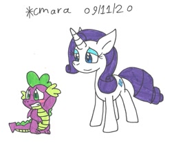 Size: 1130x938 | Tagged: safe, artist:cmara, derpibooru import, rarity, spike, dragon, pony, unicorn, blushing, eyeshadow, female, grin, makeup, male, mare, shipping, simple background, smiling, sparity, straight, traditional art, white background