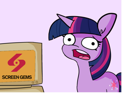 Size: 1287x986 | Tagged: safe, artist:tjpones, derpibooru import, edit, twilight sparkle, unicorn twilight, pony, unicorn, closing logo, computer, exploitable meme, faic, female, looking at you, mare, meme, open mouth, purple background, reaction image, screen gems, simple background, solo, twilight's computer, vanity plate