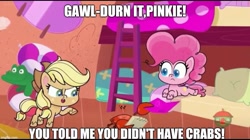 Size: 888x499 | Tagged: safe, derpibooru import, screencap, applejack, pinkie pie, crab, earth pony, pony, my little pony: pony life, pony surfin' safari, spoiler:pony life s01e22, caption, image macro, implied shipping, meme, text