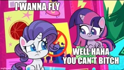 Size: 666x375 | Tagged: safe, derpibooru import, edit, rarity, twilight sparkle, twilight sparkle (alicorn), alicorn, pony, unicorn, my little pony: pony life, the rarity report, spoiler:pony life s01e43, abuse, caption, image macro, meme, raribuse, text, twibitch sparkle, vulgar