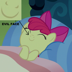 Size: 901x901 | Tagged: safe, derpibooru import, edit, edited screencap, screencap, apple bloom, earth pony, pony, bloom and gloom, adorabloom, bed, cropped, cute, female, filly, mimir, sleeping, smiling, solo