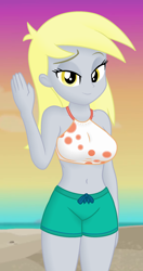 Size: 1160x2190 | Tagged: safe, derpibooru import, edit, edited screencap, editor:ah96, screencap, derpy hooves, aww... baby turtles, better together, equestria girls, belly button, breast edit, breasts, clothes, clothes edit, cropped, derpy loaves, female, lidded eyes, looking at you, shading, smiling, solo, swimsuit, swimsuit edit, waving