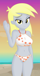 Size: 1160x2190 | Tagged: safe, derpibooru import, edit, edited screencap, editor:ah96, screencap, derpy hooves, aww... baby turtles, better together, equestria girls, beach, beach babe, belly button, bikini, breast edit, breasts, clothes, cropped, derpy loaves, female, lidded eyes, looking at you, shading, smiling, solo, swimsuit, swimsuit edit, waving