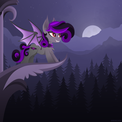 Size: 3058x3041 | Tagged: safe, artist:andaluce, derpibooru import, oc, oc only, oc:octave zeckoria, bat pony, forest, moon, mountain, night, scenery, smiling, solo, spread wings, wings