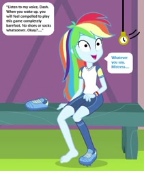 Size: 437x517 | Tagged: safe, derpibooru import, edit, edited screencap, editor:thomasfan45, screencap, rainbow dash, human, better together, equestria girls, sock it to me, sock it to me: trixie, 1000 hours in ms paint, barefoot, bench, canterlot high, clothes, description is relevant, feet, female, grass, hypnosis, hypnotized, legs, mistress, offscreen character, offscreen human, pendulum swing, pocket watch, shirt, shorts, sitting, smiling, soccer field, soccer shoes, solo, speech bubble, story included, t-shirt, wristband
