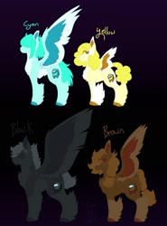 Size: 1280x1732 | Tagged: safe, artist:lepiswerid, derpibooru import, oc, oc:black (among us), oc:brown (among us), oc:cyan (among us), oc:yellow (among us), pegasus, pony, among us, black, black background, braid, brown, colored hooves, colored wings, cyan, deformed wing, deformity, fanart, hair covering face, ponytail, simple background, wings, yellow