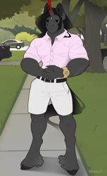 Size: 900x1484 | Tagged: safe, artist:evehly, derpibooru import, king sombra, anthro, unguligrade anthro, unicorn, car, clothes, digital art, lucky luciano, male, meme, ponified meme, shirt, shorts, solo, stallion, unshorn fetlocks, watch, you know i had to do it to em