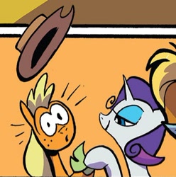 Size: 342x345 | Tagged: safe, artist:andypriceart, derpibooru import, idw, applejack, rarity, earth pony, pony, unicorn, spoiler:comic89, applejack's hat, cowboy hat, cropped, hat, official comic, season 10