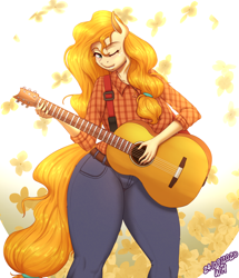 Size: 2000x2330 | Tagged: safe, artist:wolfmask, derpibooru import, pear butter, anthro, beautiful, clothes, curvy, female, guitar, jeans, musical instrument, one eye closed, pants, plaid shirt, shirt, solo, wink, winking at you