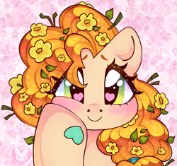 Size: 3115x2929 | Tagged: safe, artist:bunxl, derpibooru import, pear butter, earth pony, pony, cute, female, flower, flower in hair, heart eyes, hoof on cheek, mare, pearabetes, solo, wingding eyes